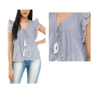 Jennifer & Grace blue striped eyelet flutter sleeve top Sz xl